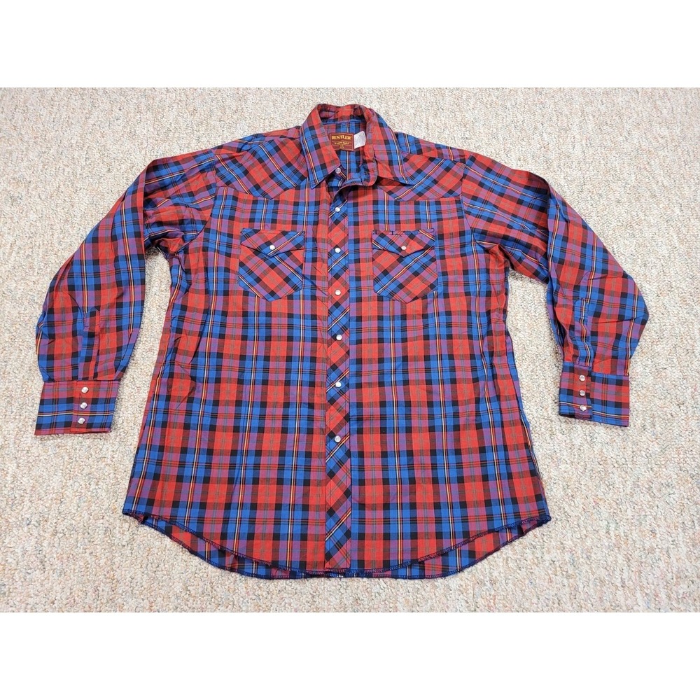 Rustler Shirt Mens 17.5 Blue Red Plaid Western Pearl Snap X-Long Tails